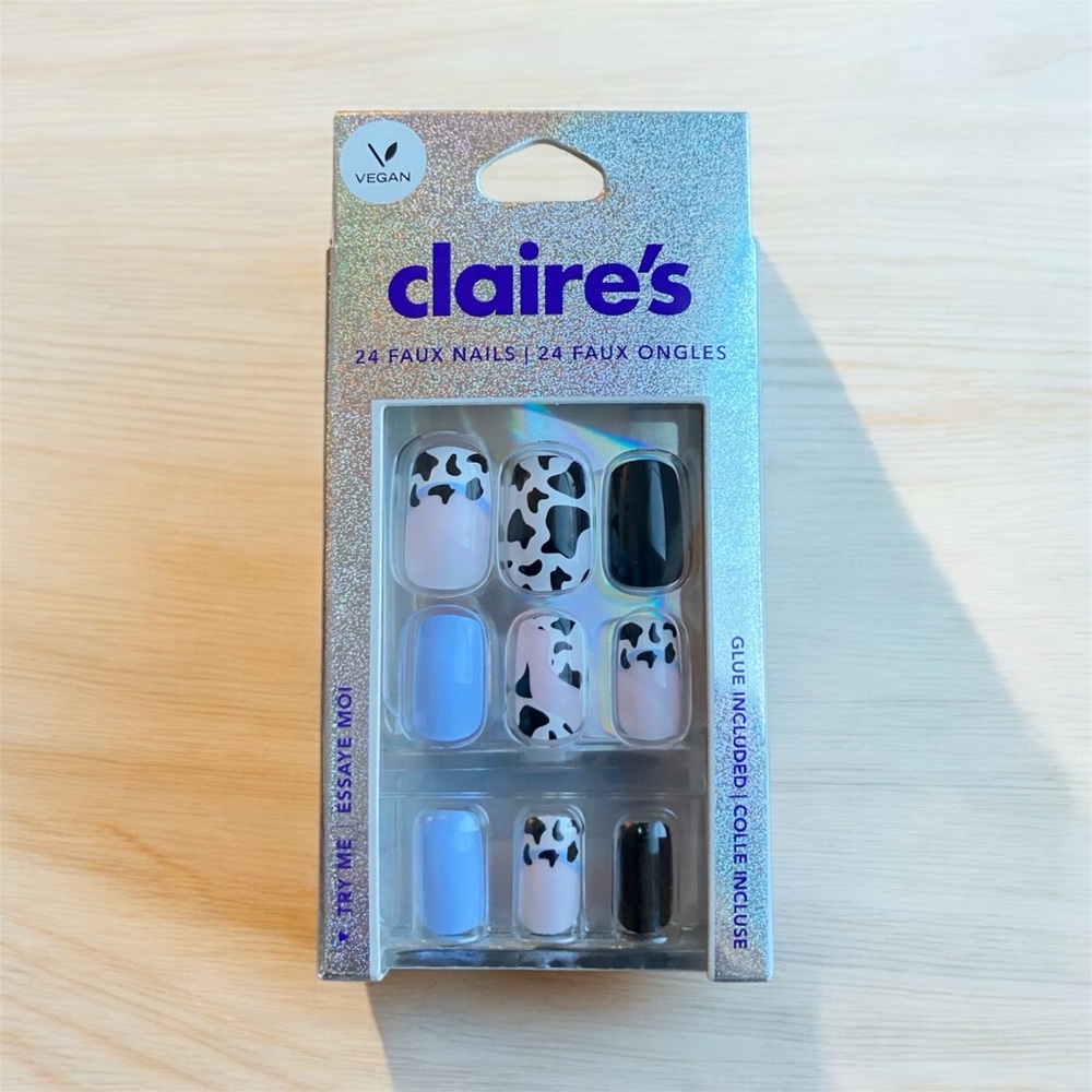NEW Claire's Vegan 24 Faux Nails Blue Black White Cow Design Press On Glue